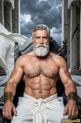 Muscular bearded man sitting on a throne before storm clouds