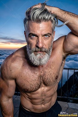 A gray-bearded man runs a hand through his hair on a high balcony over clouds