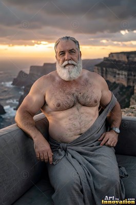 A muscular man with a beard sits outdoors wrapped in gray cloth under pale sunset light