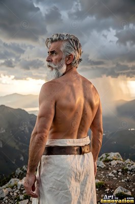Seen from behind on a mountain peak, a shirtless gray-haired man looks over his shoulder
