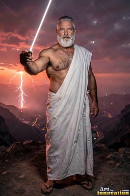 A broad-shouldered man with a beard in a white robe holds a lightning bolt on a mountain at sunset