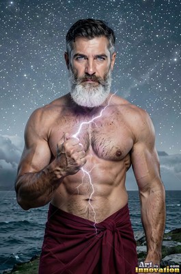 Bearded athletic man holds a bolt of lightning by the sea under stars