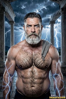 A silver-full-bearded man stands on a stone terrace as blue lightning crackles around his arms in the rain