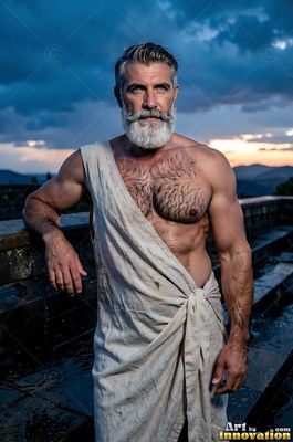 A man who has a beard stands on a terrace in a white toga beneath dark evening clouds