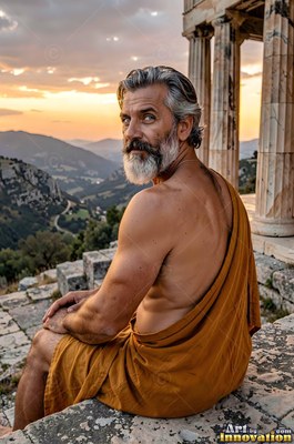 Turned to look back on a stone terrace, a man with a beard sits by ancient pillars