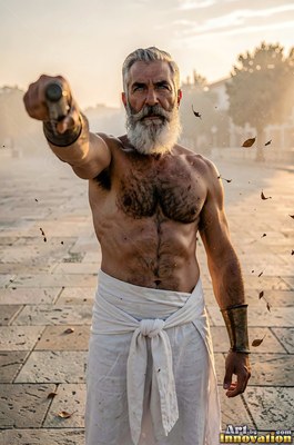 A man with a beard points his arm forward while standing in an open stone square