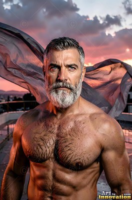 On a rooftop at sunset, an unclothed-torso man with a graying beard poses before gray cloth
