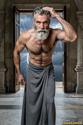 Stepping forward, a bearded man in a gray wrap stands before a stormy sky