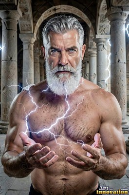 White beard trimmed neat on a bare-chested man holding lightning in stone ruins