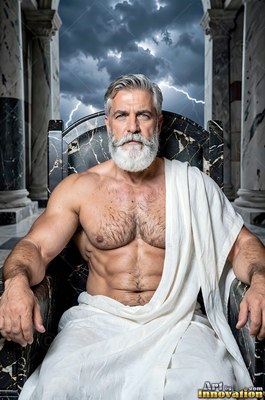 A muscular gray-haired man sits on a dark marble throne under pale lightning in a stormy sky