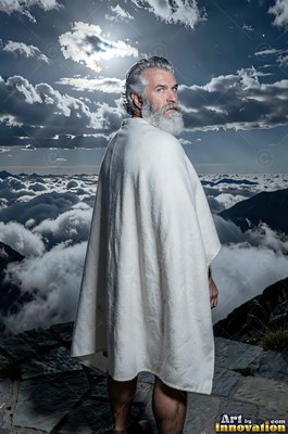 Facing away on a mountain peak, a gray-bearded man dressed in a white cloak looks back