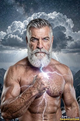 A shirtless man with a white beard holds white lightning against his chest under stormy clouds