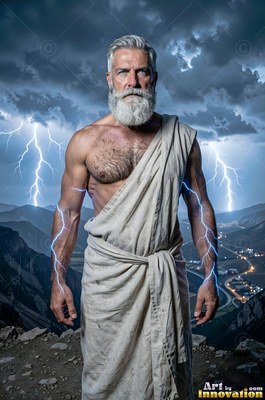 On a rocky mountain, a silver-man who has a beard wrapped in a white robe stands before lightning