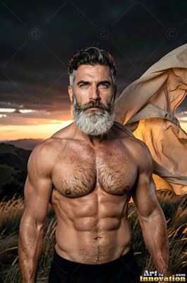 Standing bare-chested in the wind, a gray-haired man sporting a beard wears a tan cloth over one shoulder