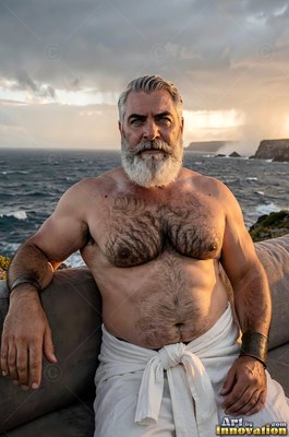 A muscular bearded man sits shirtless by the stormy sea