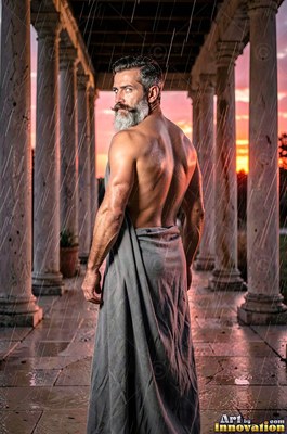 Gray cloth wraps around a muscular man looking back under stone pillars in the rain