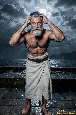 A muscular full-bearded man grips his hair in the rain under pale blue moonlight