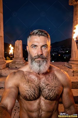 Facing forward between stone pillars, a shirtless bearded man stands at night