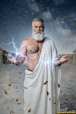 A bearded man dressed in a white toga holds lightning under a night sky full of stars