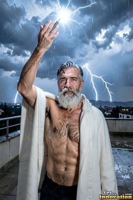 On a wet terrace, a bare-chested man draped in a white robe holds up a spark of lightning