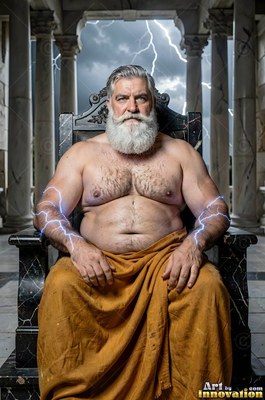 A bearded man sits on a stone throne with pale blue lightning on his arms
