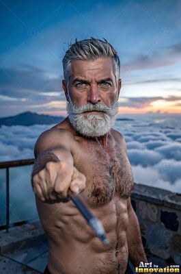 Facing forward on a high terrace, a bare-chested man with a silver beard points a pen