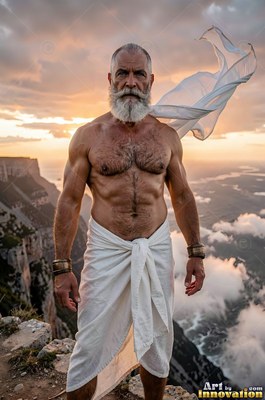 A muscular gray-bearded man in white cloth stands on a high cliff at sunset