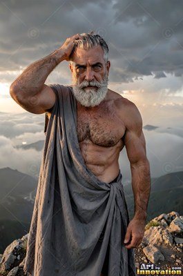 On a cloudy mountaintop, a bearded man stands wearing a draped gray robe