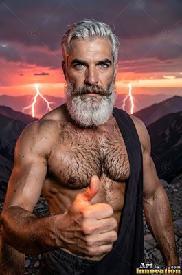 Giving a thumbs up, a bearded gray-haired man stands before lightning at sunset