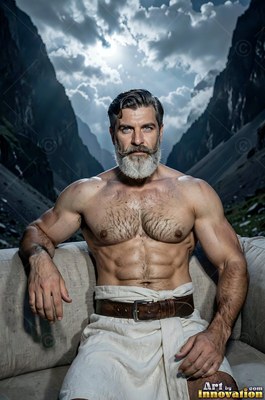 Broad-shouldered man sporting a beard sitting outside in front of mountains