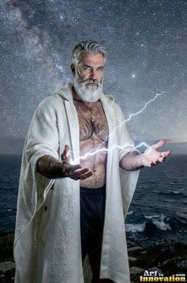 A silver-haired man holds lightning between his hands under a starry night sky