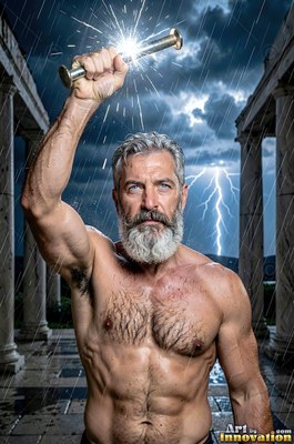 Facing forward on a rainy stone terrace, a well-built man raises a sparking rod