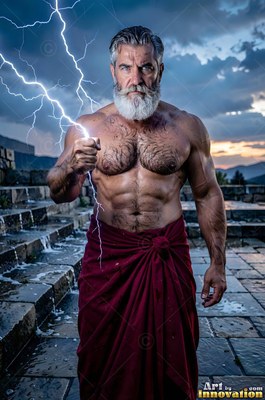 A broad-shouldered man with a white beard holds lightning on a stone terrace