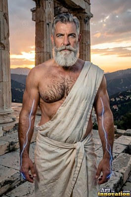 At stone temple ruins, a man with a beard in a toga stands with lightning on his arms
