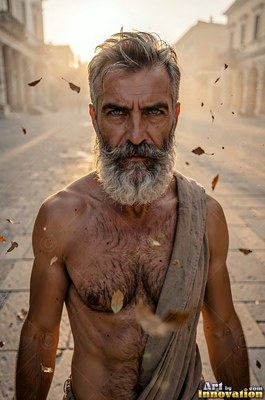 Standing on a stone street, an unclothed-torso man with a pale gray beard wears a tan cloth sash