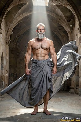 A bearded man stands in a stone hall under a beam of bright daylight