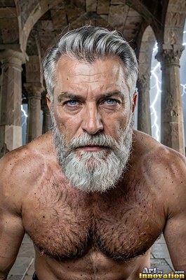 Leaning forward in stone ruins, a shirtless silver-man with a beard glares ahead