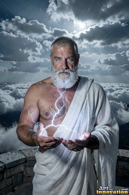 A man with a beard draped in a white robe holds crackling lightning in his open hands above the clouds