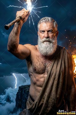 On a stormy cliff, a man who has a beard raises a sparking torch into the dark sky