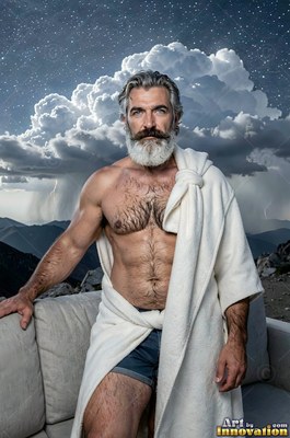 Standing by an outdoor couch, a silver-man with a beard wears a white robe under storm clouds