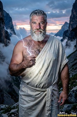 Clutching white lightning, a silver-man sporting a beard in a tunic stands in misty mountains