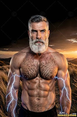 A full-bearded man stands shirtless in a field with blue lightning along his arms