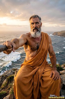 Seated on a cliff by the sea, a man sporting a beard in an orange robe reaches forward