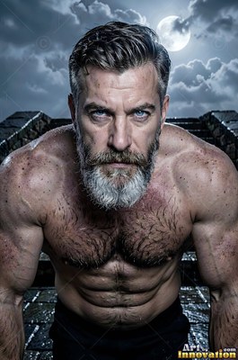Under a night sky, a muscular bearded man leans forward on stone steps