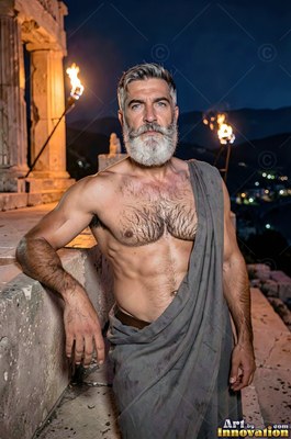 Leaning against stone ruins at night, a silver-bearded man wears a gray toga