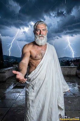 A white robe drapes across a full-bearded man reaching forward on a wet terrace with lightning behind him