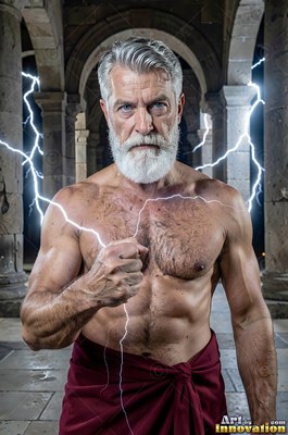 A muscular gray-haired man with a beard holds lightning in a stone hall