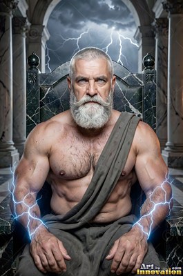 On a stone throne, a man sporting a beard sits with lightning on his forearms