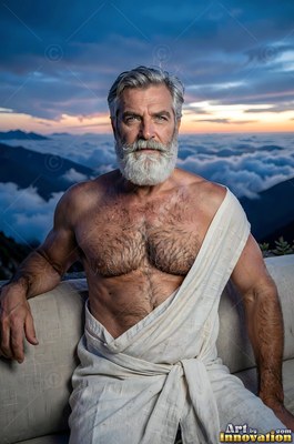 Sitting outdoors, a bearded older man rests in a white robe above clouds at dusk