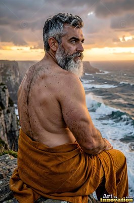A man who has a beard with bare back looks over cliffs at sunset